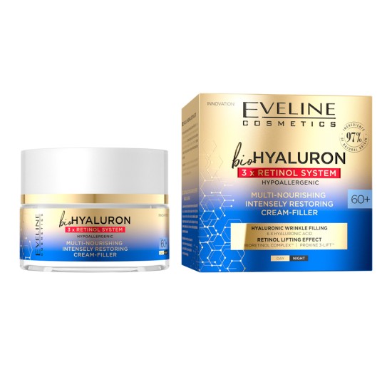 Crema de zi si noapte intens reparatoare si multi-nutritiva Eveline BioHyaluron 3XRetinol System 60+ 50 ml