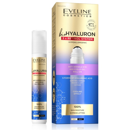 Gel Roll-On anti-rid pentru ochi si pleoape Eveline BioHyaluron 3XRetinol System 15 ml