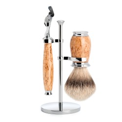 Set de barbierit cu aparat de ras compatibil Gillette Fusion si pamatuf Silvertip Badger cu par de bursuc si maner din lemn de mesteacan karelian S 091 H 55 F