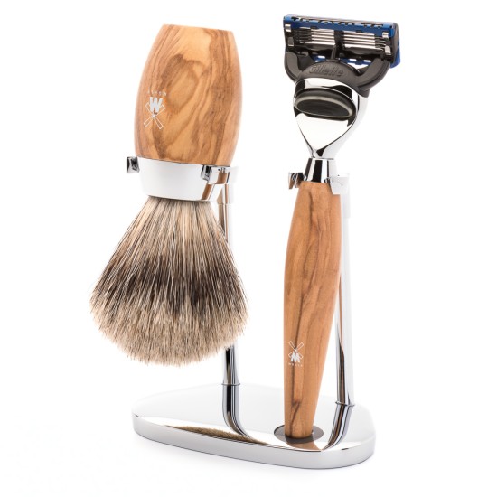 Set de barbierit cu aparat de ras compatibil Gillette Fusion si pamatuf Fine Badger cu par de bursuc si maner din lemn de maslin S 281 H 870 F