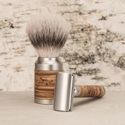 Set de barbierit cu aparat de ras clasic Safety Razor si pamatuf Silvertip Badger cu par de bursuc si maner de otel si scoarta de mesteacan Muehle Rocca S 091 M 95 SR